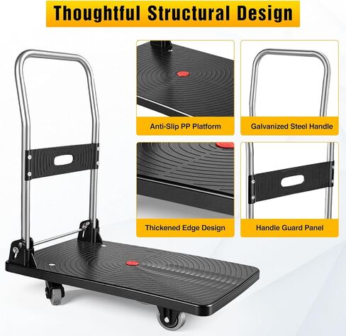 Foldable Platform Cart 220 lbs Push Dolly with 3 Inch PU Wheels PP Deck Flatbed Cart for Home Garage Office Use Black in Kuwait