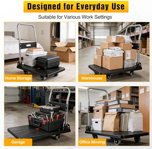 Foldable Platform Cart 220 lbs Push Dolly with 3 Inch PU Wheels PP Deck Flatbed Cart for Home Garage Office Use Black in Kuwait