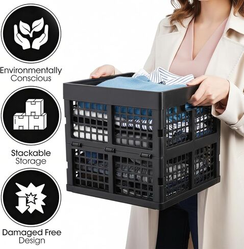 Goaste 2 Pack 18L صناديق حليب مربعة سوداء، حقيبة تخزين حليب بلاستيكية قابلة للطي، صناديق تخزين قابلة للتكديس مع مقابض سهلة الإمساك، منظمات صناديق متعددة الاستخدامات شديدة التحمل لتسوق البقالة، المرآب، المنزل in Kuwait