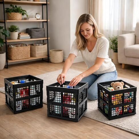 Goaste 2 Pack 18L صناديق حليب مربعة سوداء، حقيبة تخزين حليب بلاستيكية قابلة للطي، صناديق تخزين قابلة للتكديس مع مقابض سهلة الإمساك، منظمات صناديق متعددة الاستخدامات شديدة التحمل لتسوق البقالة، المرآب، المنزل in Kuwait
