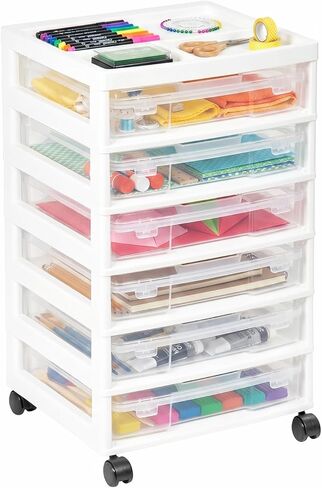 novelinks Rolling Storage Cart, 6-Tier, for 12" x 12" Paper & Scrapbook Supplies—White, 6 Clear Cases & Built-in Handles, Holds Yarn, Vinyl, Stationery, Art, Craft, and Office Tools in Kuwait