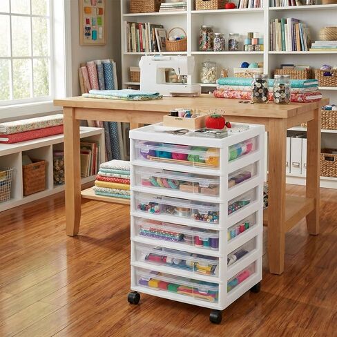 novelinks Rolling Storage Cart, 6-Tier, for 12" x 12" Paper & Scrapbook Supplies—White, 6 Clear Cases & Built-in Handles, Holds Yarn, Vinyl, Stationery, Art, Craft, and Office Tools in Kuwait