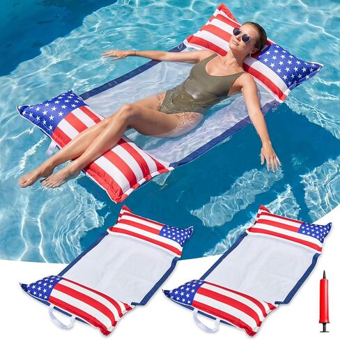 FindUWill Inflatable American Flag Pool Floats for Adults, 2 Pack Fabric Water Hammock, Heavy Duty 4th of July Pool Float Hammock, Floating Lounger Chair for Pool Party, 250th Patriotic Lake Float in Kuwait
