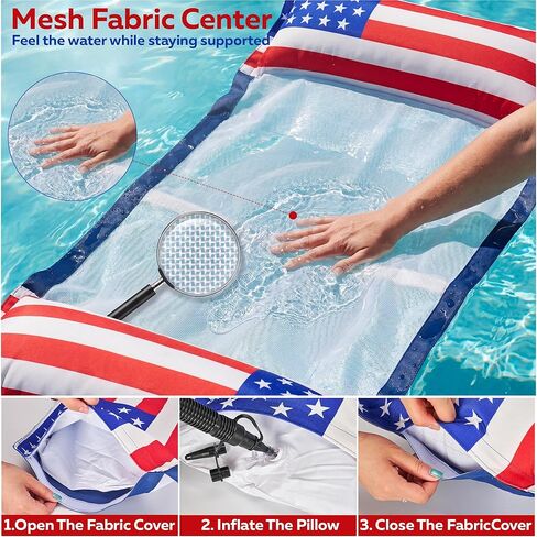 FindUWill Inflatable American Flag Pool Floats for Adults, 2 Pack Fabric Water Hammock, Heavy Duty 4th of July Pool Float Hammock, Floating Lounger Chair for Pool Party, 250th Patriotic Lake Float in Kuwait