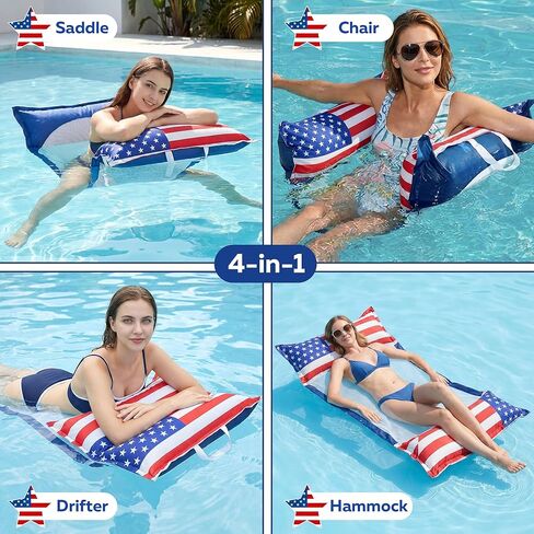 FindUWill Inflatable American Flag Pool Floats for Adults, 2 Pack Fabric Water Hammock, Heavy Duty 4th of July Pool Float Hammock, Floating Lounger Chair for Pool Party, 250th Patriotic Lake Float in Kuwait