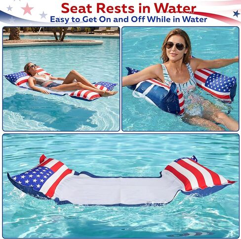 FindUWill Inflatable American Flag Pool Floats for Adults, 2 Pack Fabric Water Hammock, Heavy Duty 4th of July Pool Float Hammock, Floating Lounger Chair for Pool Party, 250th Patriotic Lake Float in Kuwait