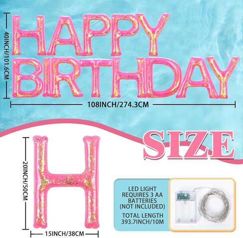Happy Birthday Pool Floating Letter Balloons with LED Lights, 20'' Inflatable Pool Birthday Decorations with Adhesive Dots, Pink Gold Confetti, Reusable PVC Large Floating Letters for Pool Party in Kuwait