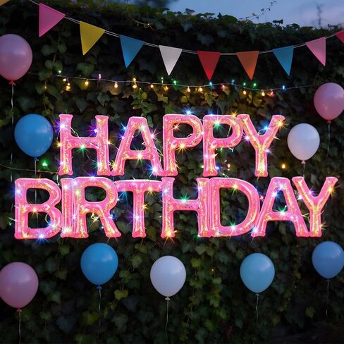 Happy Birthday Pool Floating Letter Balloons with LED Lights, 20'' Inflatable Pool Birthday Decorations with Adhesive Dots, Pink Gold Confetti, Reusable PVC Large Floating Letters for Pool Party in Kuwait