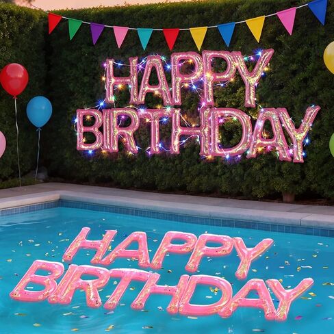 Happy Birthday Pool Floating Letter Balloons with LED Lights, 20'' Inflatable Pool Birthday Decorations with Adhesive Dots, Pink Gold Confetti, Reusable PVC Large Floating Letters for Pool Party in Kuwait