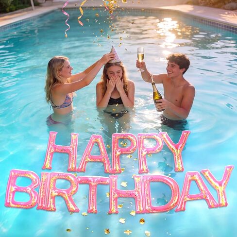 Happy Birthday Pool Floating Letter Balloons with LED Lights, 20'' Inflatable Pool Birthday Decorations with Adhesive Dots, Pink Gold Confetti, Reusable PVC Large Floating Letters for Pool Party in Kuwait