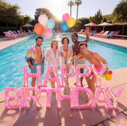 Happy Birthday Pool Floating Letter Balloons with LED Lights, 20'' Inflatable Pool Birthday Decorations with Adhesive Dots, Pink Gold Confetti, Reusable PVC Large Floating Letters for Pool Party in Kuwait