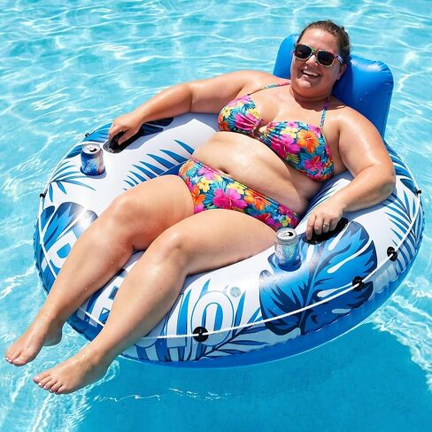 Pool Float Adult, XXL Large Inflatable River Tube Float, 56" River Tubes for Floating Heavy Duty with Mesh Bottom, Comfortable Backrest & 2 Cup Holders & Durable Grab Handles,500 lbs Weight Capacity in Saudi Arabia