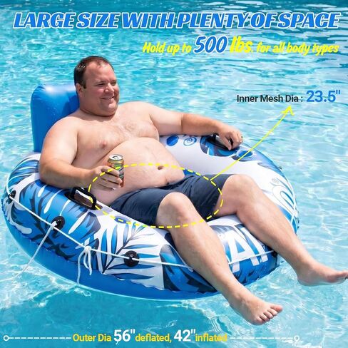 Pool Float Adult, XXL Large Inflatable River Tube Float, 56" River Tubes for Floating Heavy Duty with Mesh Bottom, Comfortable Backrest & 2 Cup Holders & Durable Grab Handles,500 lbs Weight Capacity in Saudi Arabia