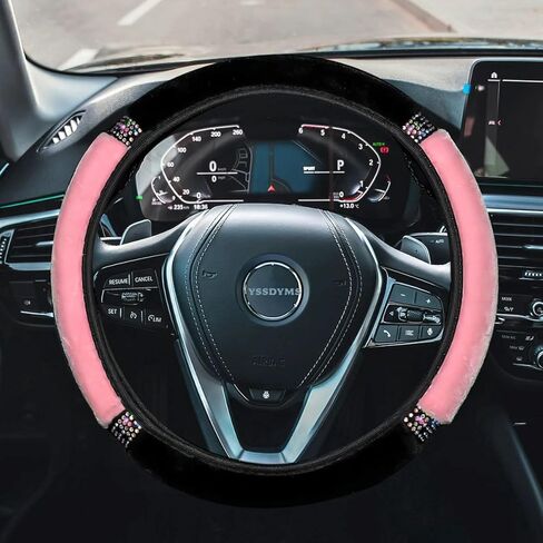 Soft Plush car Steering Wheel Cover, Universal 15 inch Anti Slip Steering Wheel Protection, with Shiny Crystal Rhinestones, car Interior Accessories (Pink) in Kuwait