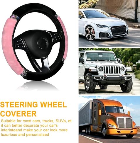 Soft Plush car Steering Wheel Cover, Universal 15 inch Anti Slip Steering Wheel Protection, with Shiny Crystal Rhinestones, car Interior Accessories (Pink) in Kuwait