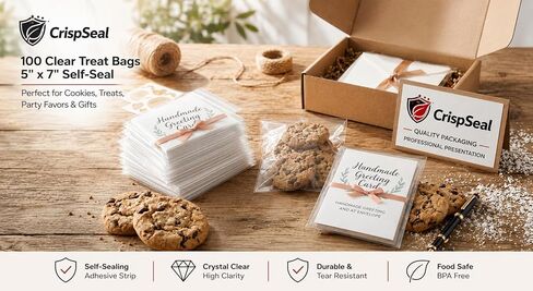 Clear Treat Bags 5x7 – Self Seal Cellophane Cookie Bags for Candy, Party Favors & Gifts – Resealable Adhesive Packaging – 100 Pack – Crisp Seal in Kuwait