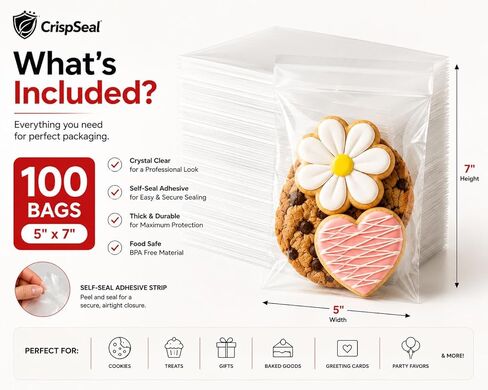 Clear Treat Bags 5x7 – Self Seal Cellophane Cookie Bags for Candy, Party Favors & Gifts – Resealable Adhesive Packaging – 100 Pack – Crisp Seal in Kuwait