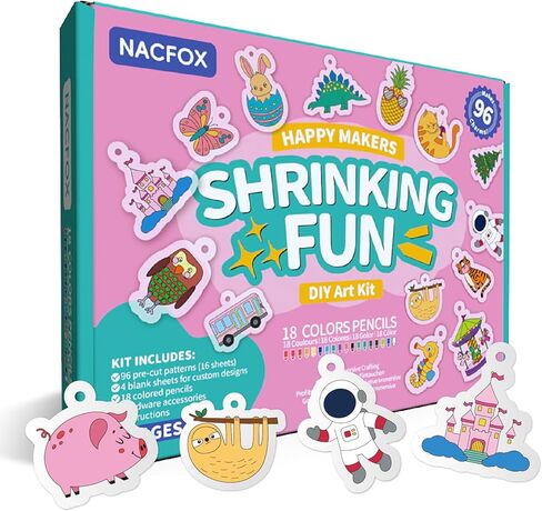 NACFOX Shrinking Art Set for Kids 96 Pre Cut Shrink Sheets 4 Blank Sheets 18 Colored Pencils Keychains Jump Rings Ball Chains Lanyards Accessories 16 Themes DIY Crafts and Jewelry Making in Kuwait