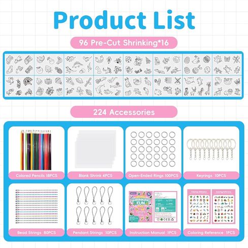 NACFOX Shrinking Art Set for Kids 96 Pre Cut Shrink Sheets 4 Blank Sheets 18 Colored Pencils Keychains Jump Rings Ball Chains Lanyards Accessories 16 Themes DIY Crafts and Jewelry Making in Kuwait