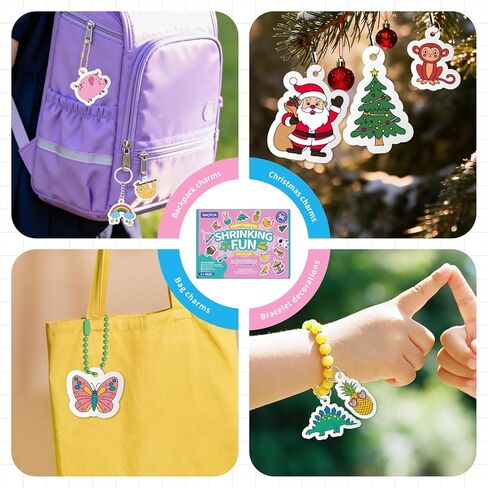 NACFOX Shrinking Art Set for Kids 96 Pre Cut Shrink Sheets 4 Blank Sheets 18 Colored Pencils Keychains Jump Rings Ball Chains Lanyards Accessories 16 Themes DIY Crafts and Jewelry Making in Kuwait