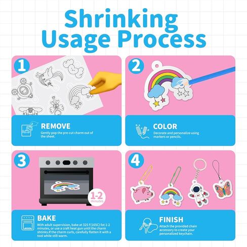 NACFOX Shrinking Art Set for Kids 96 Pre Cut Shrink Sheets 4 Blank Sheets 18 Colored Pencils Keychains Jump Rings Ball Chains Lanyards Accessories 16 Themes DIY Crafts and Jewelry Making in Kuwait