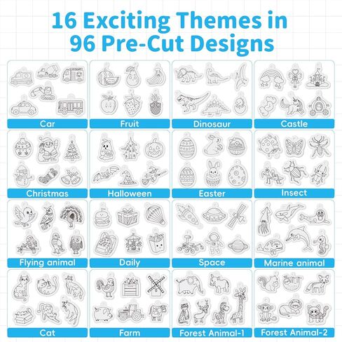 NACFOX Shrinking Art Set for Kids 96 Pre Cut Shrink Sheets 4 Blank Sheets 18 Colored Pencils Keychains Jump Rings Ball Chains Lanyards Accessories 16 Themes DIY Crafts and Jewelry Making in Kuwait