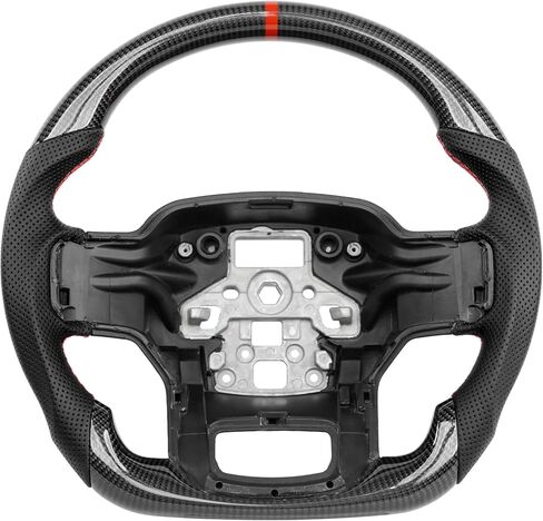 Real Carbon Fiber Steering Wheel, Perforated Leather Grip D-shaped Steering Wheel Fit For Ford F150 2021-2024(Red Stitching & Indicator) in Kuwait