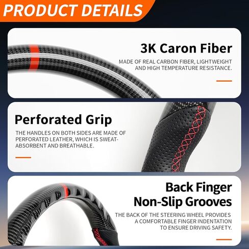 Real Carbon Fiber Steering Wheel, Perforated Leather Grip D-shaped Steering Wheel Fit For Ford F150 2021-2024(Red Stitching & Indicator) in Kuwait
