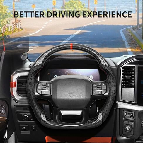 Real Carbon Fiber Steering Wheel, Perforated Leather Grip D-shaped Steering Wheel Fit For Ford F150 2021-2024(Red Stitching & Indicator) in Kuwait