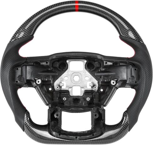 Real Carbon Fiber Steering Wheel, Perforated Leather Grip D-shaped Steering Wheel Fit For Ford F150 2021-2024(Red Stitching & Indicator) in Kuwait