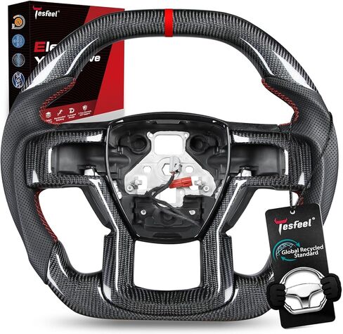 Real Carbon Fiber Steering Wheel for Ford F150 Raptor 2017-2020 Gen 2, Heating Compatible, for Paddle Shifters, Double-D Flat Top & Bottom, Red Stripe & Stitching, Matching Carbon Trim in Saudi Arabia