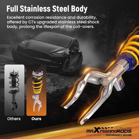 maxpeedingrods Coilover لطراز Tesla Y 2020+ AWD، مجموعات تعليق Coilovers قابلة للتعديل بـ 24 مستوى، دعامات امتصاص الصدمات قابلة لضبط الارتفاع، مجموعات خفض سلسلة C2 المطورة، ذهبي in Kuwait