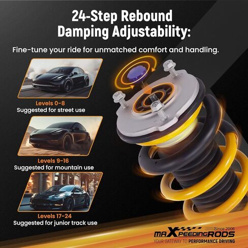 maxpeedingrods Coilover لطراز Tesla Y 2020+ AWD، مجموعات تعليق Coilovers قابلة للتعديل بـ 24 مستوى، دعامات امتصاص الصدمات قابلة لضبط الارتفاع، مجموعات خفض سلسلة C2 المطورة، ذهبي in Kuwait