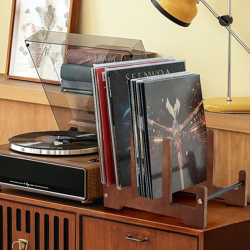رف تخزين تسجيلات الفينيل ثلاثي الطبقات، حامل LP خشبي لما يصل إلى 60 سجلًا، حامل منظم ألبوم خشب الصنوبر مع طبقات بزاوية، يتضمن مفتاح ألين وفرشاة تنظيف in Kuwait