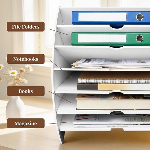 File Folder Desk Organizer, 6-Tier Binder Holder for Office Supplies Storage, WPC Magazine Book Rack for Workspace, Home, Classroom, White Decorative File Box in Saudi Arabia