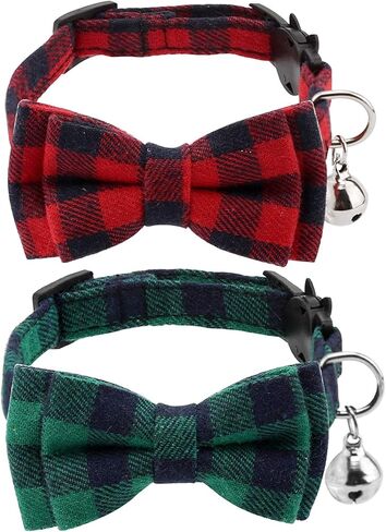 LUTER 2Pcs Christmas Plaid Cat Collars Breakaway with Bow Tie and Bells, Adjustable Collars for Cats, Kitten, Puppy Supplies (Red, Green) in Saudi Arabia