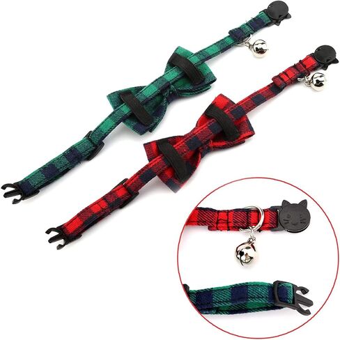 LUTER 2Pcs Christmas Plaid Cat Collars Breakaway with Bow Tie and Bells, Adjustable Collars for Cats, Kitten, Puppy Supplies (Red, Green) in Saudi Arabia