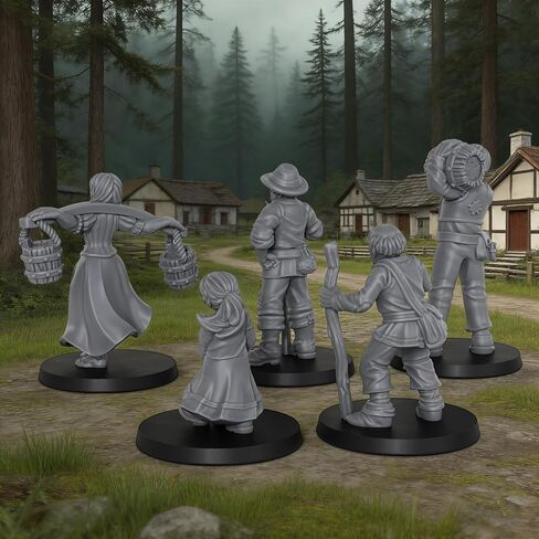 Fantasy TTRPG Village Life Scenery, 25mm Scale Unpainted Resin Civilian NPCs for Tabletop RPG Game, Townsfolk Commoner Miniatures 5pc Set - 1:64 Scale RPG Accessory, Villager NPC AS972 in Kuwait