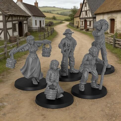 Fantasy TTRPG Village Life Scenery, 25mm Scale Unpainted Resin Civilian NPCs for Tabletop RPG Game, Townsfolk Commoner Miniatures 5pc Set - 1:64 Scale RPG Accessory, Villager NPC AS972 in Kuwait