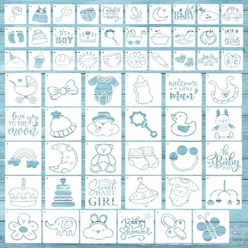 WSICSE 60 Pieces Baby Shower Stencils for Painting, 5x5in & 3x3in Onesie Stencil Mixed Animals Pattern, Reusable Baby Painting Stencils for DIY Baby Bibs Bodysuit Shoes Clothes Decoration in Saudi Arabia