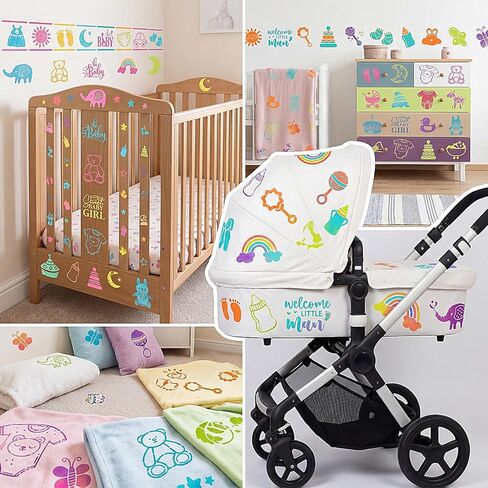 WSICSE 60 Pieces Baby Shower Stencils for Painting, 5x5in & 3x3in Onesie Stencil Mixed Animals Pattern, Reusable Baby Painting Stencils for DIY Baby Bibs Bodysuit Shoes Clothes Decoration in Saudi Arabia