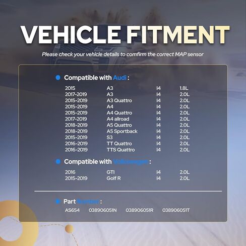 مستشعر الضغط المطلق المنوع ENA متوافق مع 2015 2016 2017 2018 2019 VW Volkswagen GTI Golf R Audi A4 A3 A5 TT TTS Quattro S3 A4 allroad لاستبدال AS654 038906051N 038906051R in Kuwait
