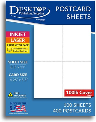 Extra Thick 100lb Cover White Printable Postcards - Blank Postcard Paper - Perforated 4 per Sheet - for Inkjet/Laser Printers - 20 Sheets / 40 Postcards in Kuwait