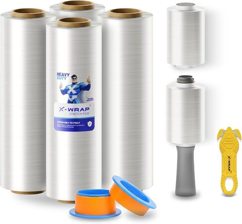 PRO 1000 Stretch Wrap with Rotating Handles, 15 Inch x 1000 Ft 70 Gauge, 4 Rolls, Bonus 4 Inch Mini Rolls & Safety Cutter, Heavy Duty Moving Pallet Film Kit in Saudi Arabia