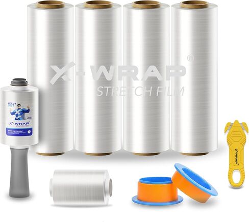 PRO 1000 Stretch Wrap with Rotating Handles, 15 Inch x 1000 Ft 70 Gauge, 4 Rolls, Bonus 4 Inch Mini Rolls & Safety Cutter, Heavy Duty Moving Pallet Film Kit in Saudi Arabia