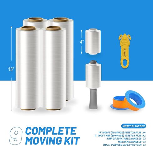 PRO 1000 Stretch Wrap with Rotating Handles, 15 Inch x 1000 Ft 70 Gauge, 4 Rolls, Bonus 4 Inch Mini Rolls & Safety Cutter, Heavy Duty Moving Pallet Film Kit in Saudi Arabia