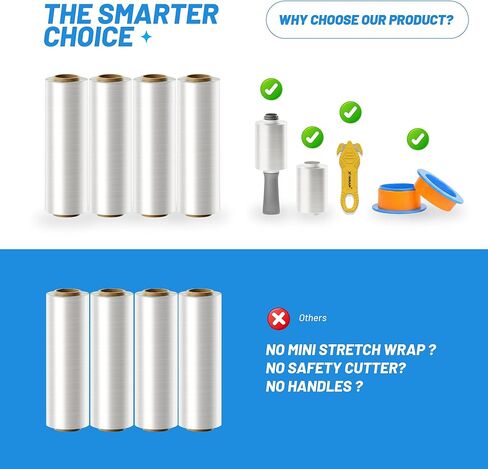 PRO 1000 Stretch Wrap with Rotating Handles, 15 Inch x 1000 Ft 70 Gauge, 4 Rolls, Bonus 4 Inch Mini Rolls & Safety Cutter, Heavy Duty Moving Pallet Film Kit in Saudi Arabia