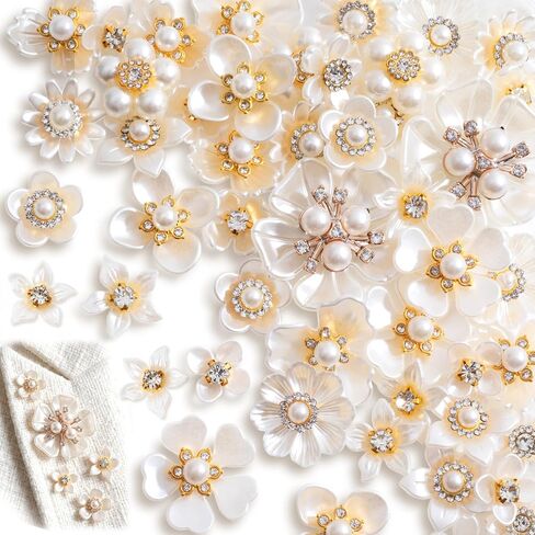 42pcs Flower Pearl Rhinestone Buttons, Glitter Rhinestone Buttons Decorations, Faux Pearl Flower Embellishments Supplies for DIY Wedding Dresses, Evening Gowns, Wedding Bouquets- White in Kuwait