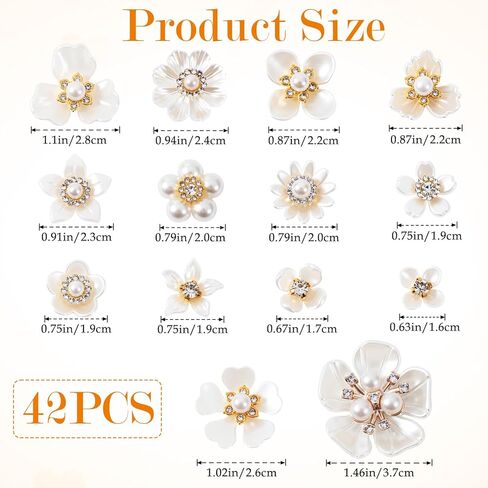 42pcs Flower Pearl Rhinestone Buttons, Glitter Rhinestone Buttons Decorations, Faux Pearl Flower Embellishments Supplies for DIY Wedding Dresses, Evening Gowns, Wedding Bouquets- White in Kuwait