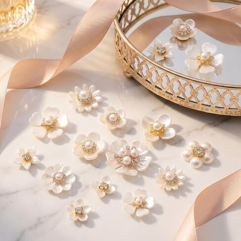 42pcs Flower Pearl Rhinestone Buttons, Glitter Rhinestone Buttons Decorations, Faux Pearl Flower Embellishments Supplies for DIY Wedding Dresses, Evening Gowns, Wedding Bouquets- White in Kuwait